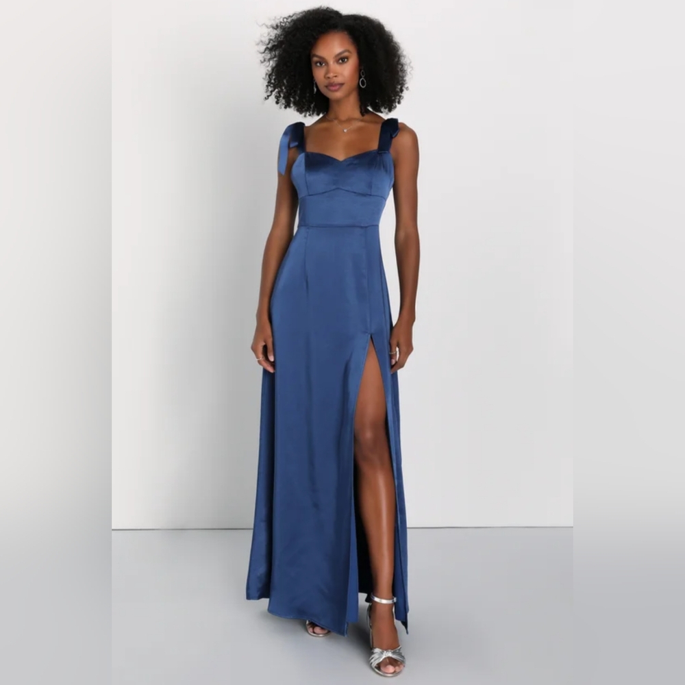 NWOT Lulu's Navy Blue Satin Tie-Strap Maxi Dress Size XL=14/16